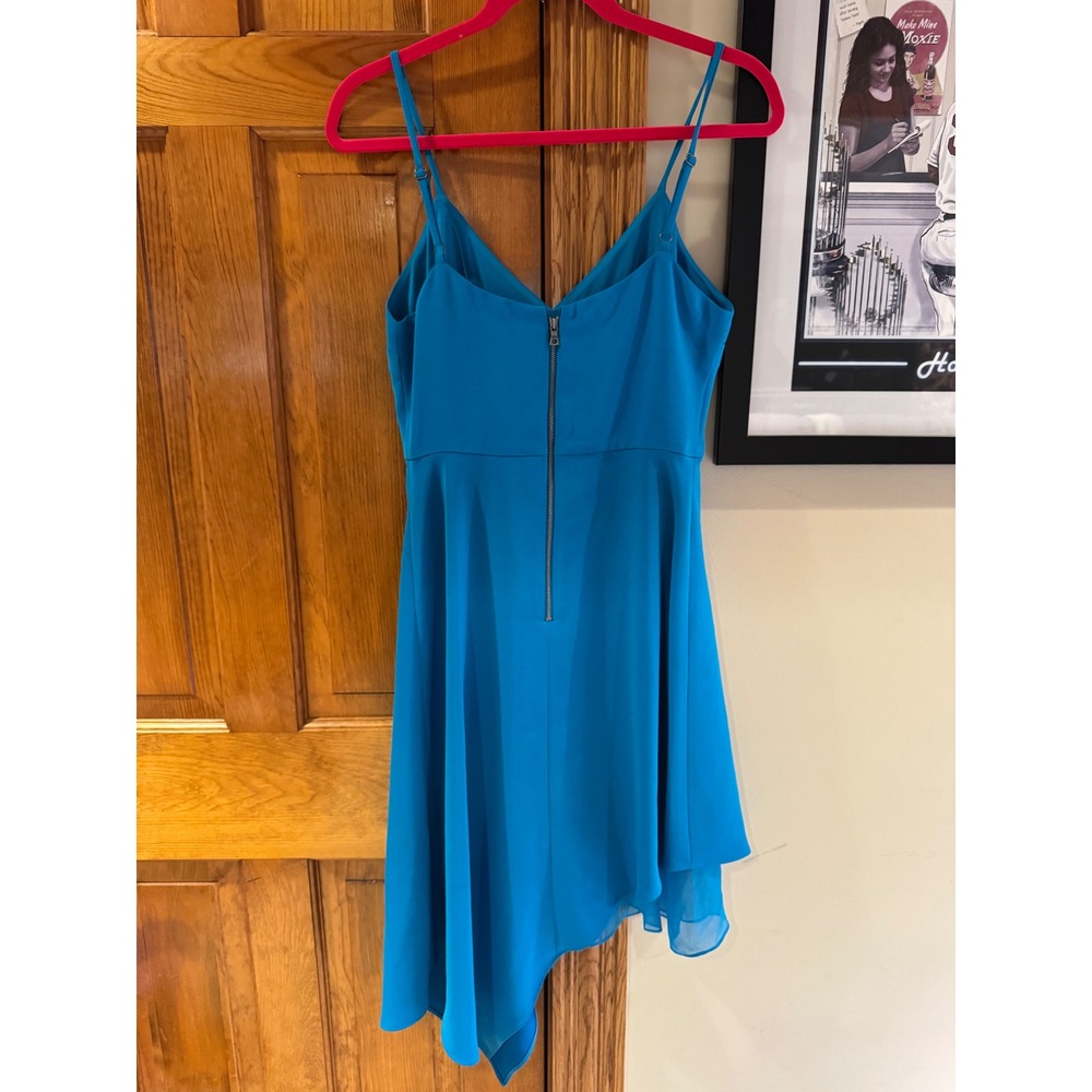 Alice + Olivia Teal Asymmetrical Midi Dress Size 6 Spaghetti Strap Fit Flare - Picture 6 of 10